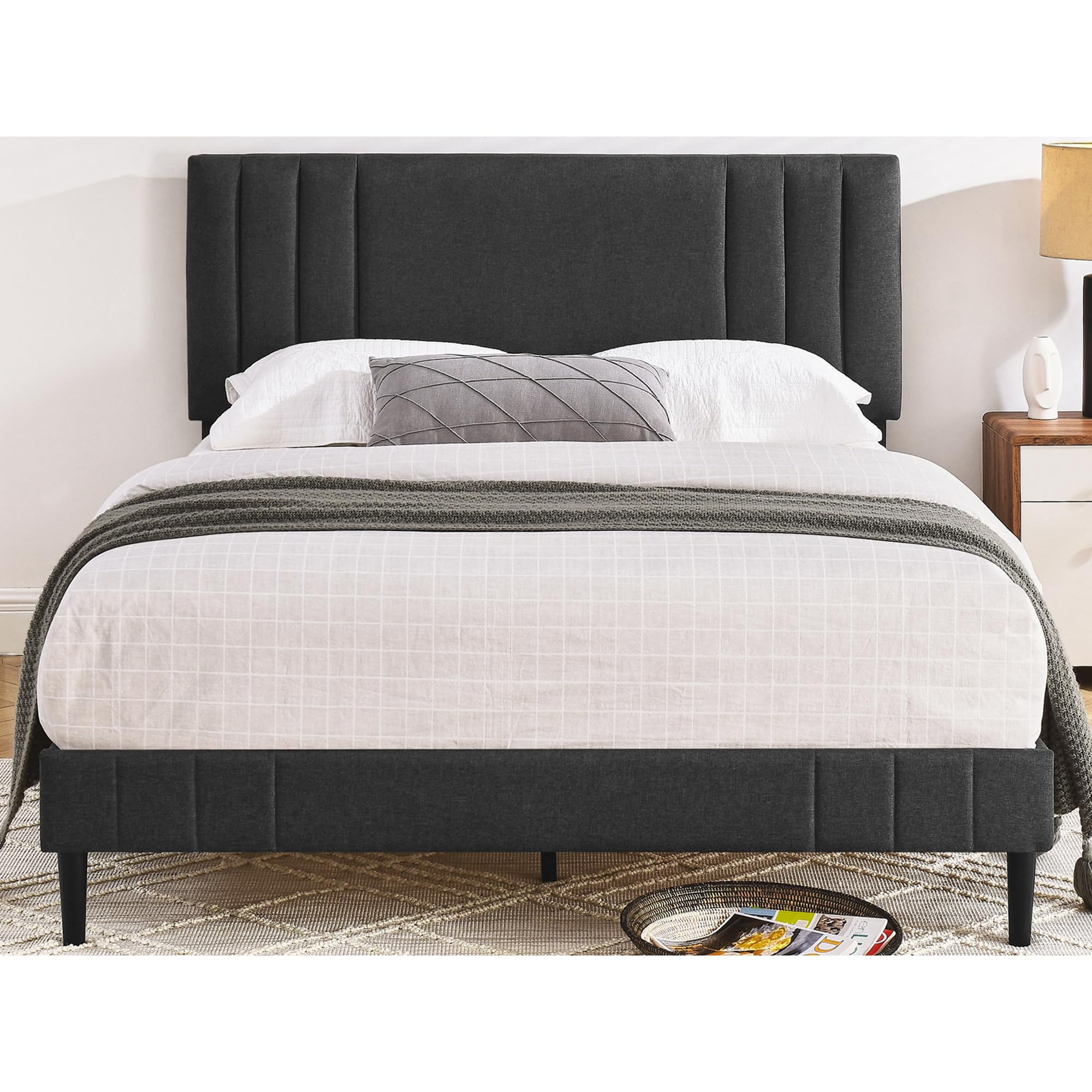 Modern Tufted Upholstered Platform Queen Bed Frame - Dark Grey Fabric Headboard - Chicago Style Bedroom Furniture for Master Bedroom & Guest Room