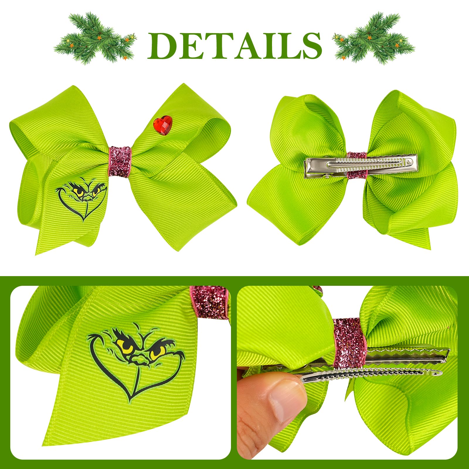 Festive Christmas Green Hair Bow Clips - 2Pcs Set of 5-Inch Holiday Hair Accessories for Women & Girls | Christmas Party Decor, Costume Accessories & Stocking Stuffers | Perfect for Holiday Gatherings, School Plays & Christmas Photos