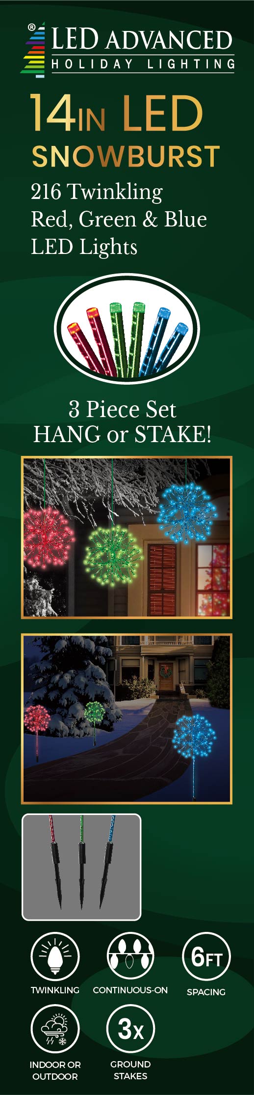 14 Twinkling LED Red/Green/Blue Snowburst Lights (3 Pack) - Perfect for Christmas Tree Decorations, Holiday Parties, and Winter Wedding Centerpieces