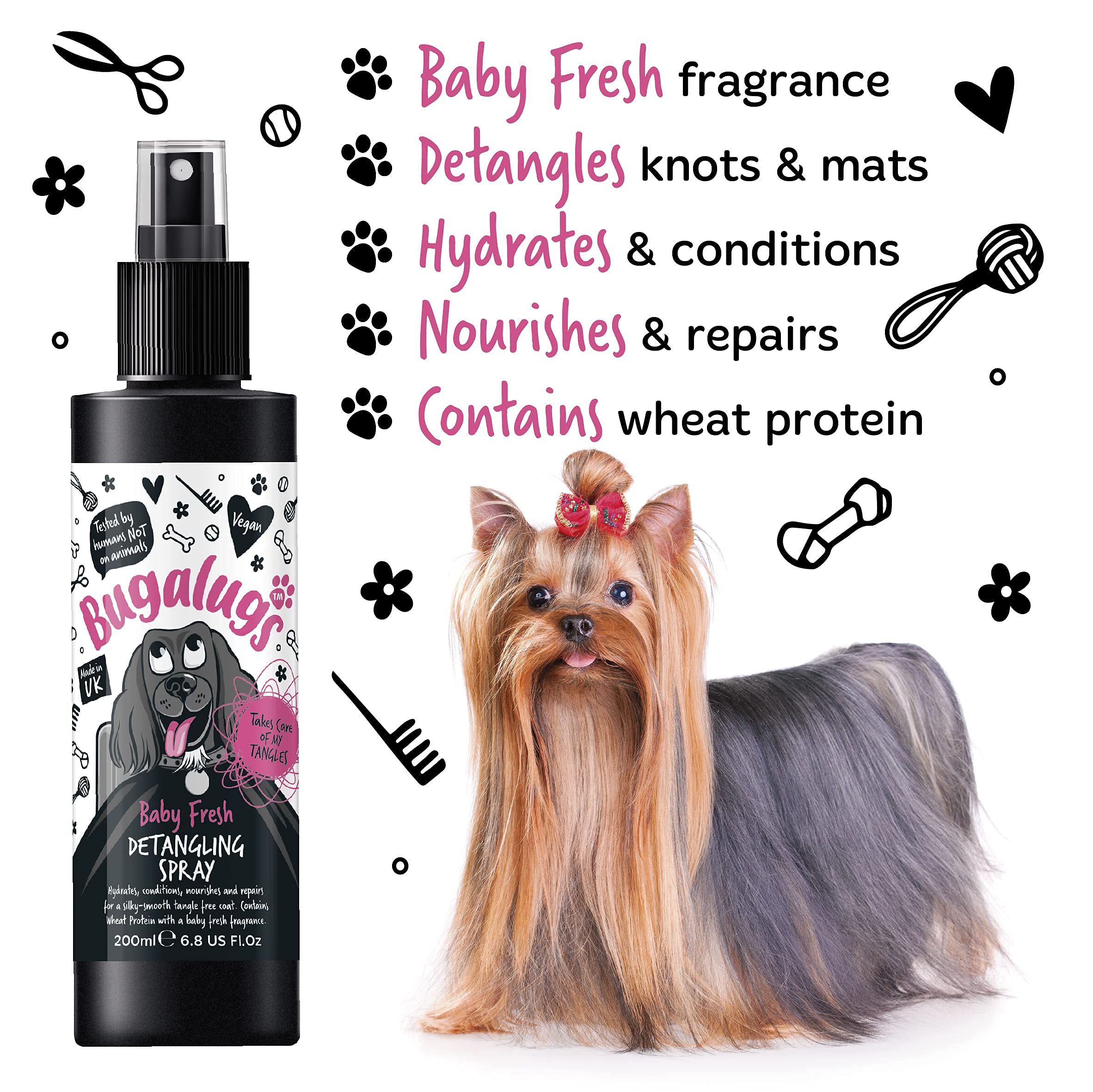 BUGALUGS Baby Fresh Dog Detangler Spray - 200ml Professional Dog Grooming Spray with Baby Powder Scent | Tangle-Free Hair Conditioner for Puppies & Dogs | Perfect for Daily Grooming, Show Prep & Post-Bath Care