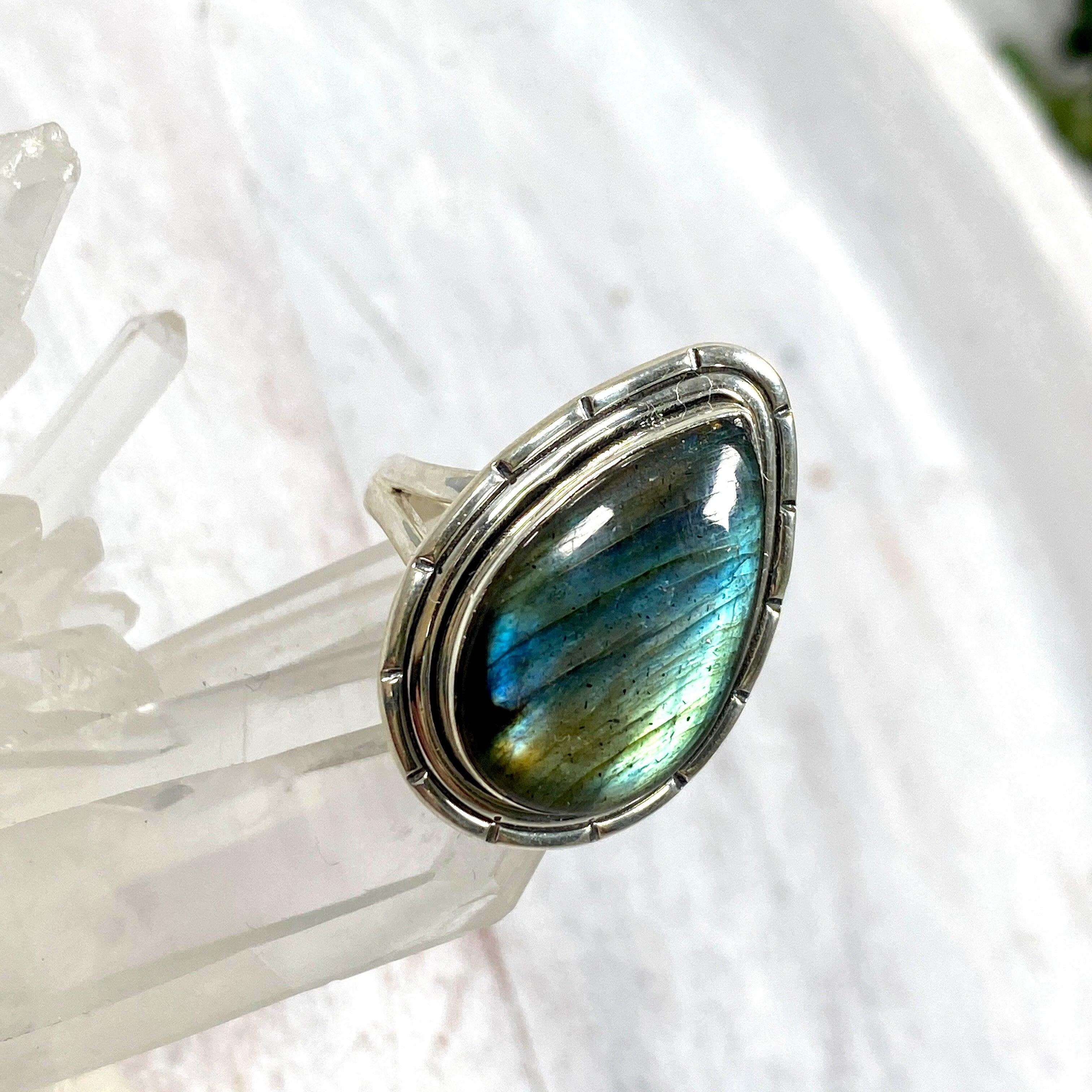 Labradorite Teardrop Filigree Ring - Size 6 - KRGJ2744 - Elegant Handmade Jewelry for Women, Perfect for Weddings, Parties & Special Occasions