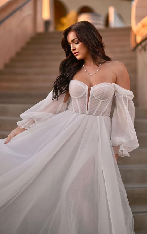 Elegant Long Sleeve Prom Dresses with High Slit | Off Shoulder Corset Tulle Wedding Gowns | Formal Evening Dresses for Homecoming, Ball, and Special Occasions