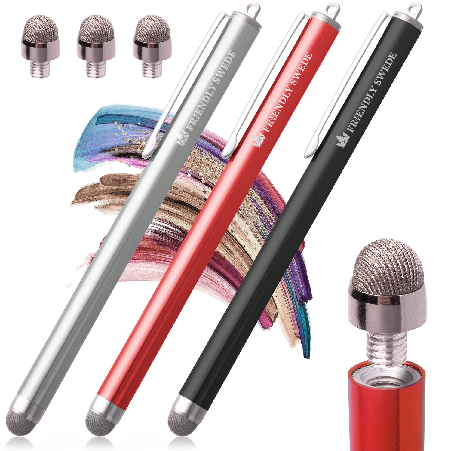 Friendly Swede Stylus Pen for iPad & iPhone - 3-Pack with Replaceable Tips for Drawing & Note-Taking