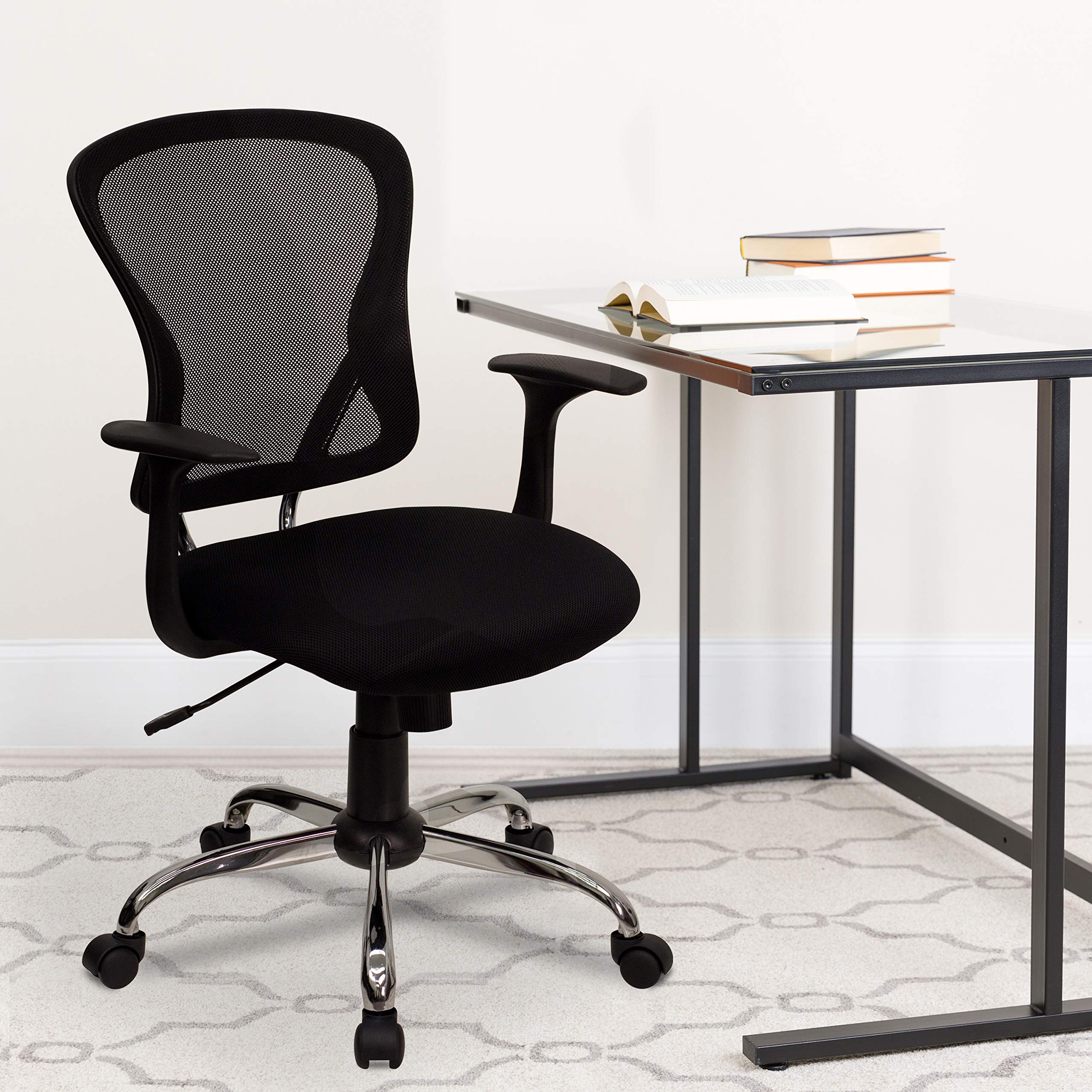 Flash Furniture Alfred Mid-Back Black Mesh Swivel Task Office Chair with Chrome Base and Arms - Ergonomic Desk Chair for Home Office, Computer Work & Gaming