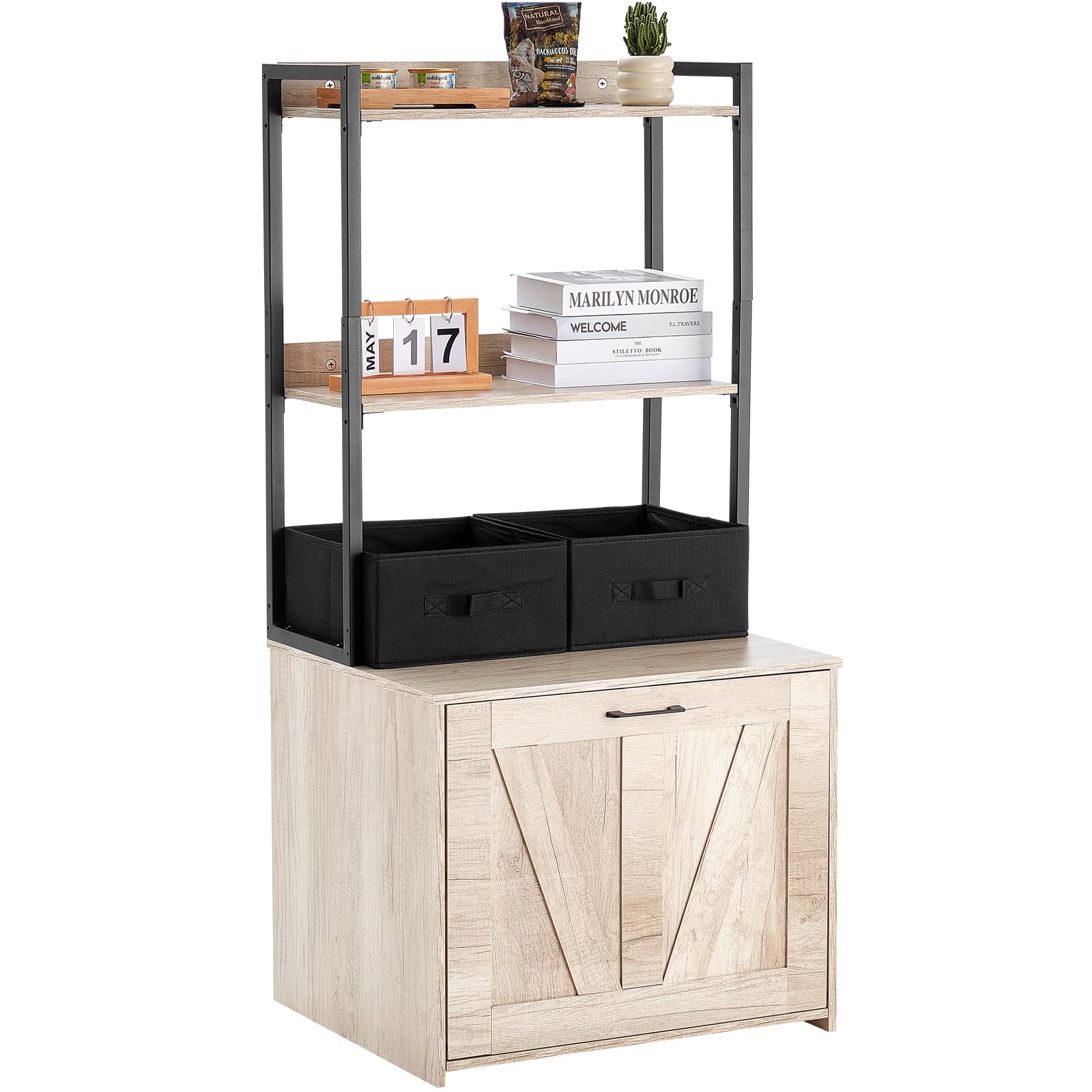 VEVOR Wooden Cat Litter Box Enclosure Furniture with 2 Storage Shelves & Baskets - Hidden Indoor Cat Washroom Cabinet for Large Litter Boxes, 23.6