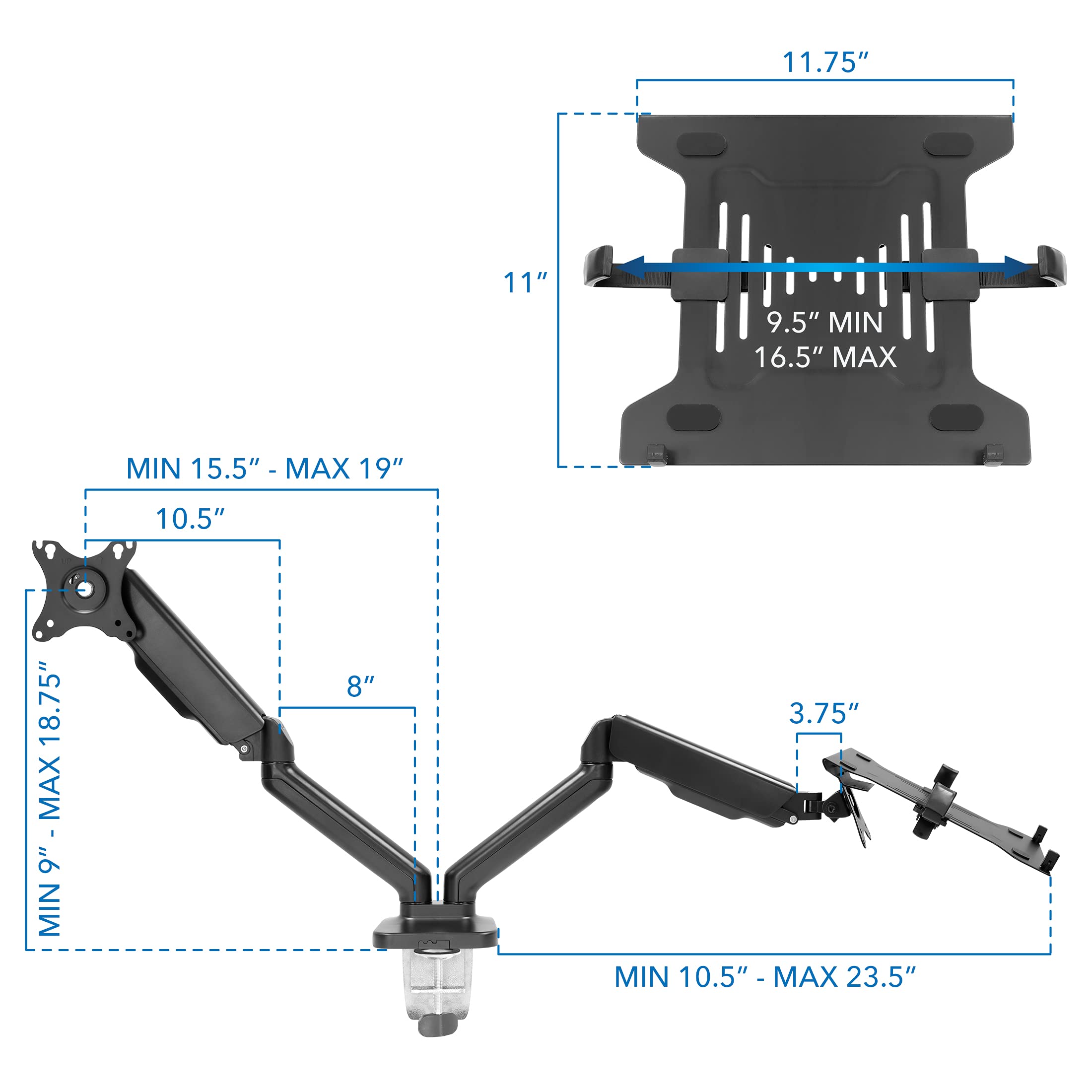 Mount-It! Adjustable Full Motion Laptop & Monitor Stand - Ergonomic VESA Mount with Laptop Tray for Home Office & Gaming Setup - Dual Screen Workspace Solution for Desktops & Laptops