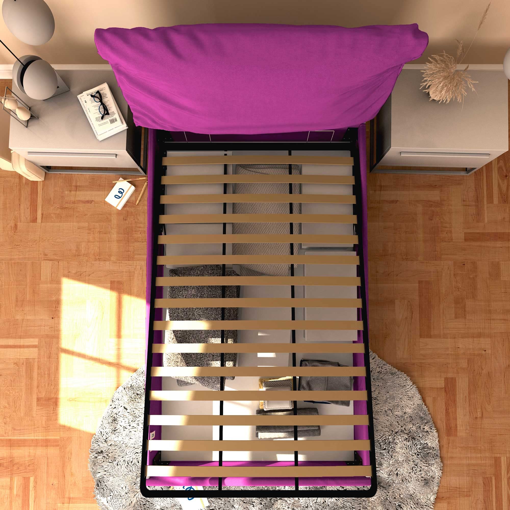 Baldiflex Licia Soft - Twin Size Bed Frame with Storage, Fabric Upholstery, Slatted Base for 120 x 190 cm Mattress, Padded Headboard in Fuchsia - Perfect for Small Bedrooms, Guest Rooms & Dormitories