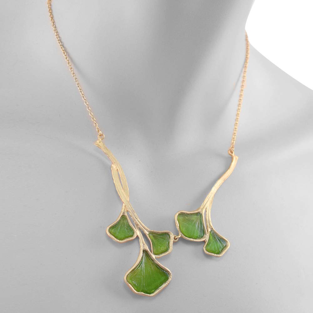 Handmade Artisan Glass & Gold-Plated Green Ginkgo Leaf Necklace - Elegant Nature-Inspired Jewelry for Women, Perfect for Weddings, Parties & Everyday Wear