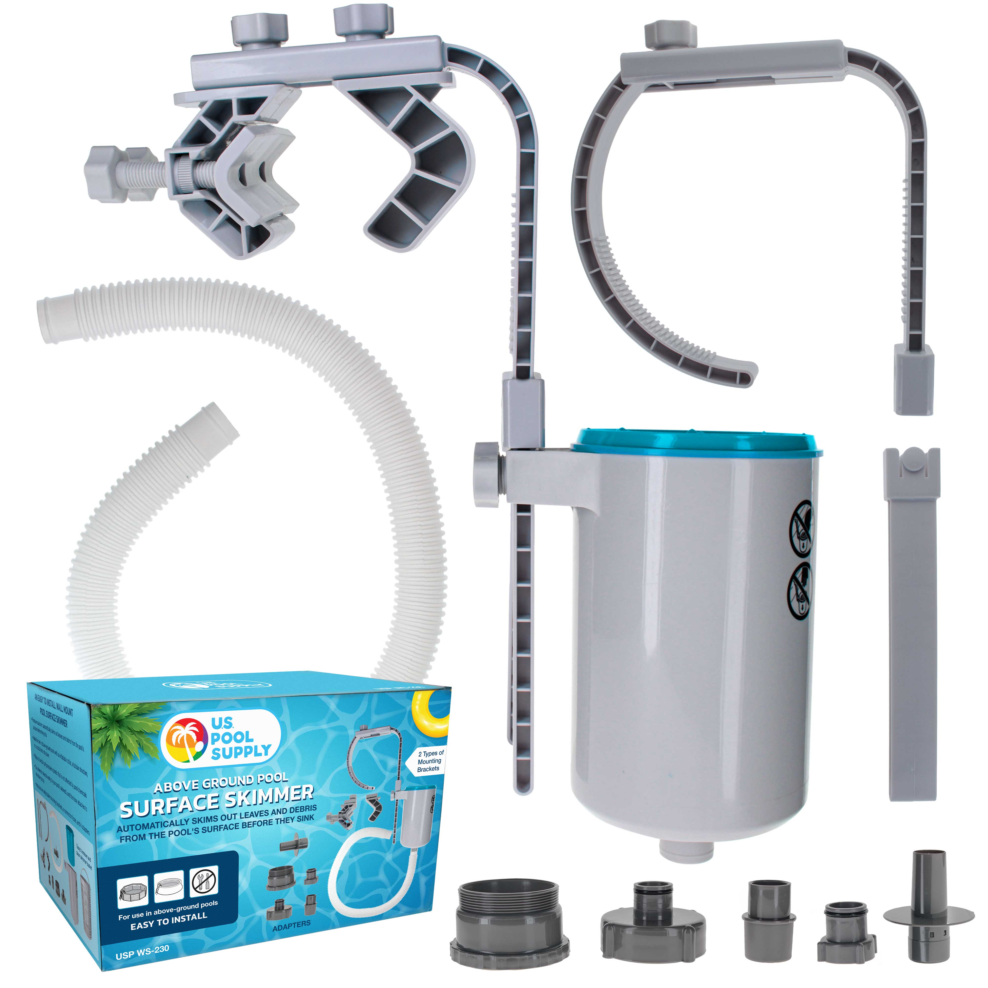 Floating Pool Skimmer for Above Ground Pools - 5 Adapter Kit with Debris Basket | Wall Mount & Inflatable Collar Compatible | Perfect for Metal Frame & Tubular Pools | Keep Your Pool Clean All Season