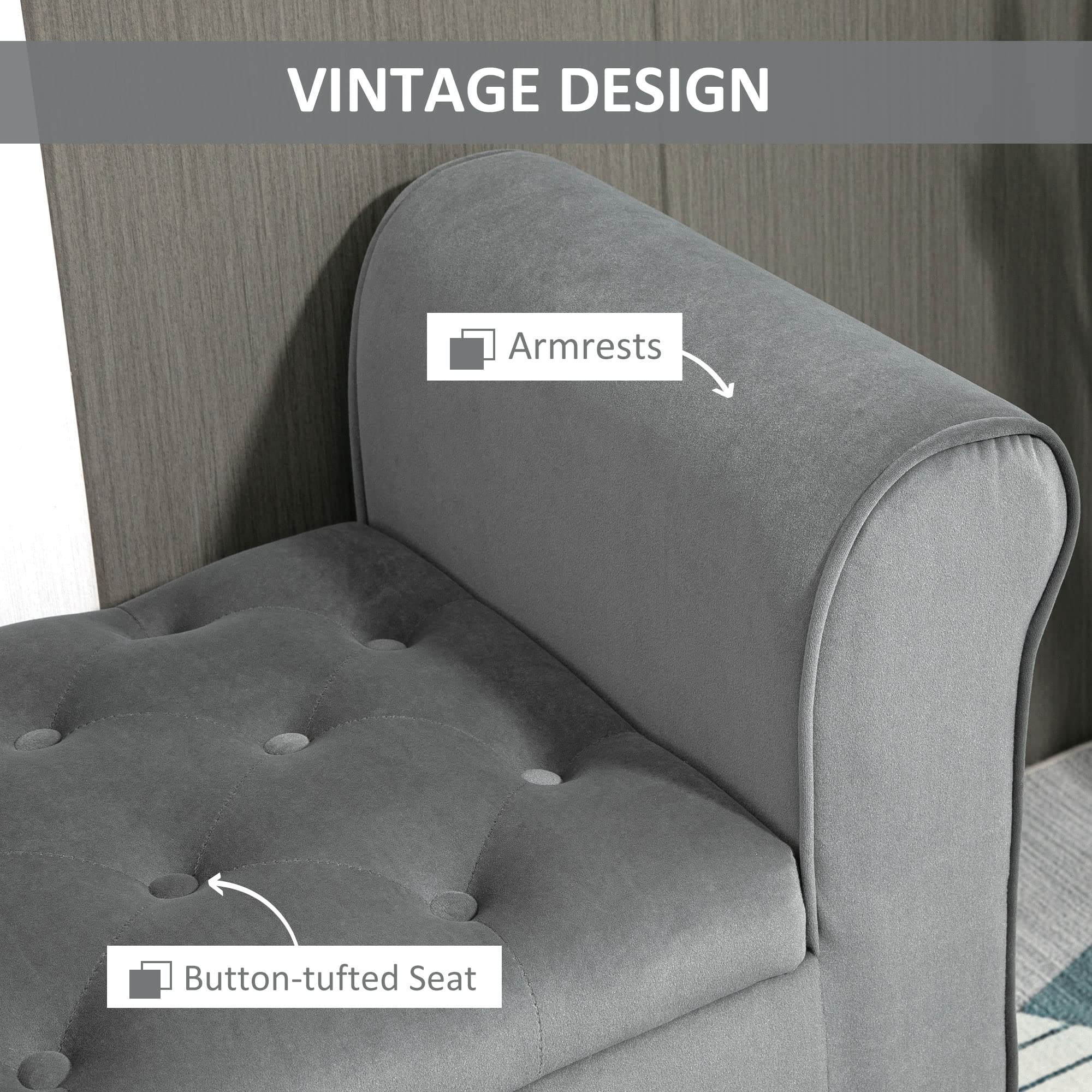 HOMCOM Button-Tufted Storage Ottoman Bench with Rolled Armrests - Upholstered Gray Footrest Seat for Living Room, Bedroom or Hallway - Perfect for Extra Seating & Hidden Storage
