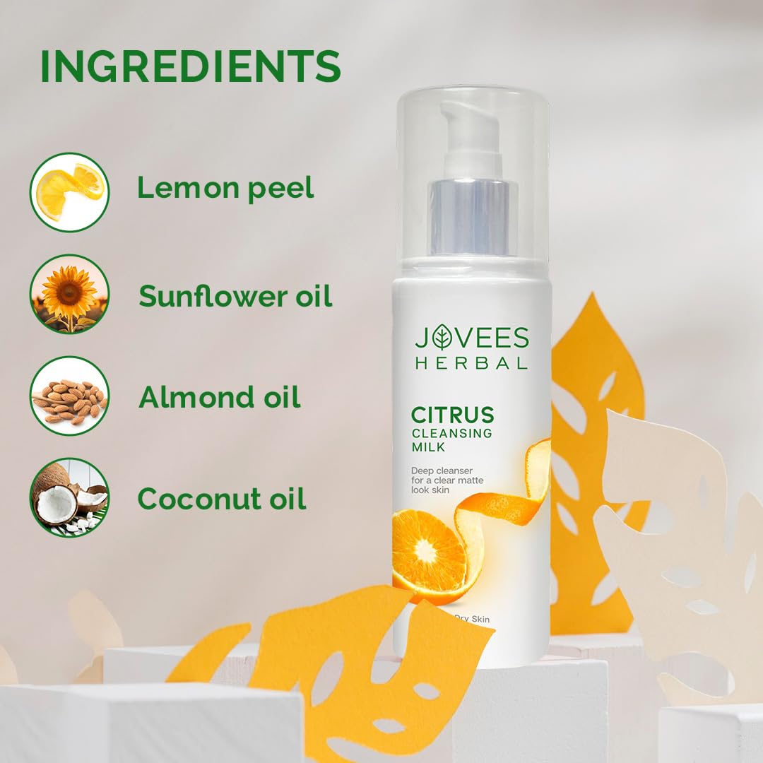 Jovees Herbal Citrus Cleansing Milk with Lemon Peel, Almond & Coconut Oil - Gentle Face Wash for Soft, Clean & Healthy Skin | Makeup Remover & Dirt Cleanser for Normal to Dry Skin | Perfect for Daily Skincare Routine & Post-Makeup Cleansing - 100ml