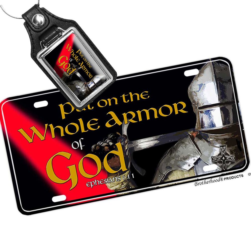 Thin Red Line 'Put On The Whole Armor of God' Firefighter License Plate with Free Key Ring - Perfect for Fire Trucks, Emergency Vehicles & First Responder Support