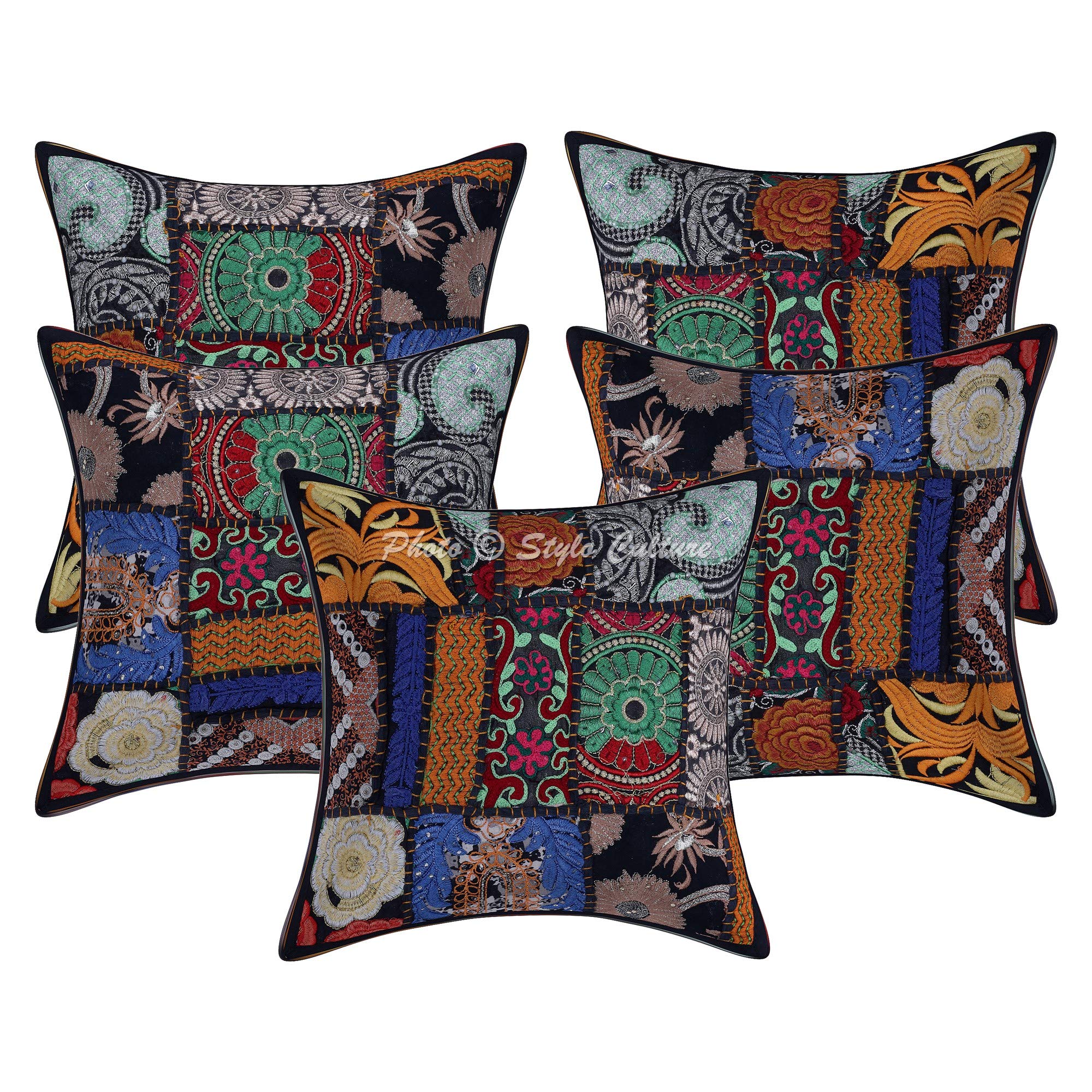 Bohemian Vintage Patchwork Cotton Throw Pillow Covers 12x12 Inches (30x30 cm) - Set of 5 Black Ethnic Abstract Square Cushion Covers for Sofa, Bed, Living Room Home Decor