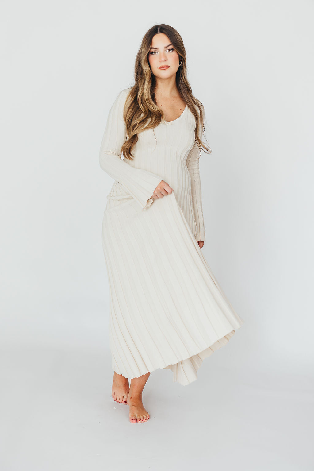 Hadley Long Sleeve V Neck Knit Maxi Dress in Cream Taupe - Elegant Women's Casual Maxi Dress for Fall & Winter, Perfect for Office, Date Night and Holiday Parties