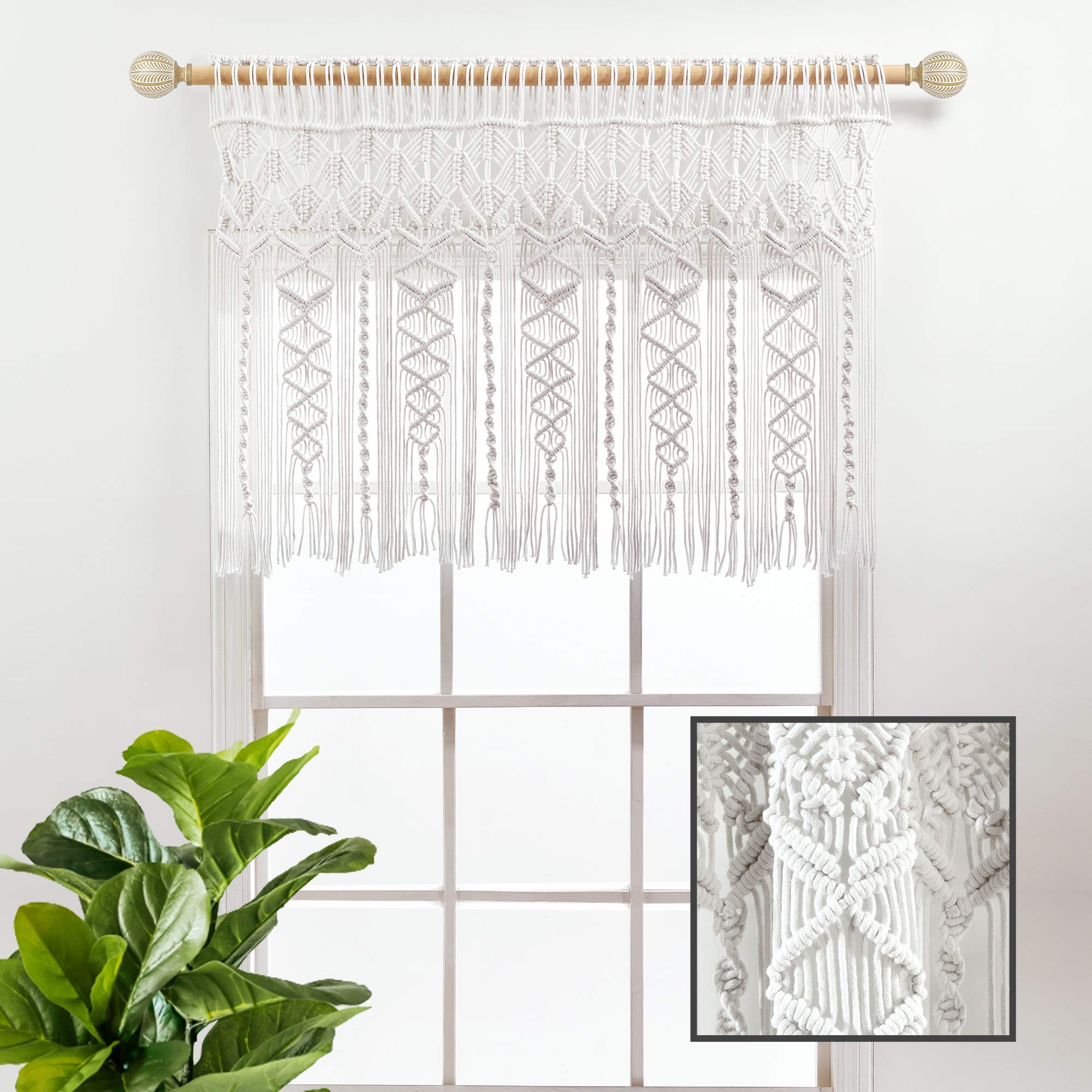 Lush Decor Boho Macrame Textured Cotton Valance - 40 Inch Wide x 30 Inch Long White Window Curtain - Bohemian Kitchen Decor, Bathroom Window Treatment & Wall Hanging for Bedroom, Living Room