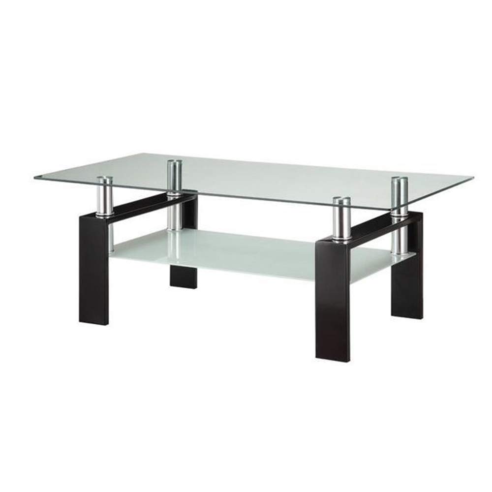 Clear Glass Coffee Table with Black Metal Base & Shelf - Modern Living Room Decor