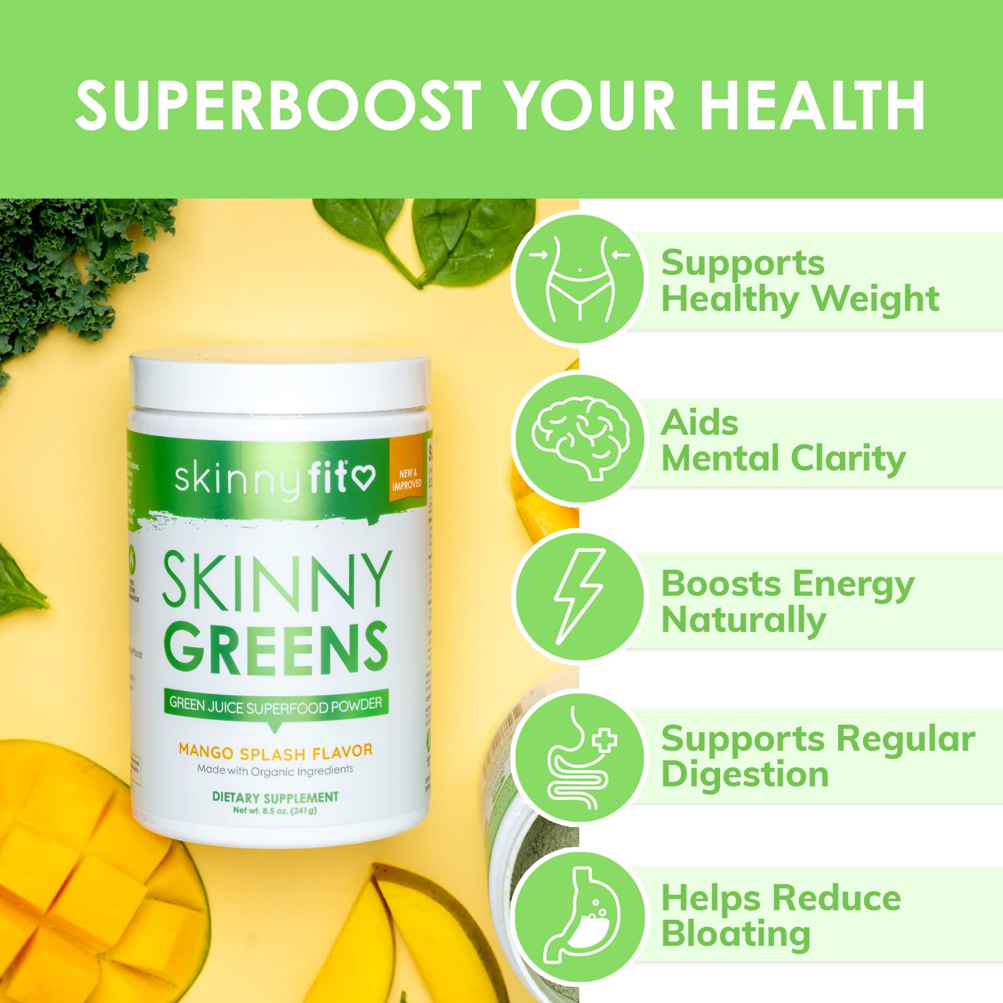 SkinnyFit Mango Splash Skinny Greens Superfood Powder - Natural Energy & Focus Booster with Spirulina & Chlorella, Reduces Bloating, 30 Servings - Perfect for Smoothies, Detox & Daily Wellness Routine