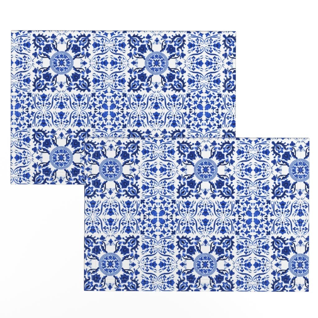 Premium Linen Cotton Canvas Placemats Set of 2 - Blue White Scandinavian Floral Folk Art Print - Washable Table Mats for Dining Room, Kitchen Decor & Holiday Entertaining