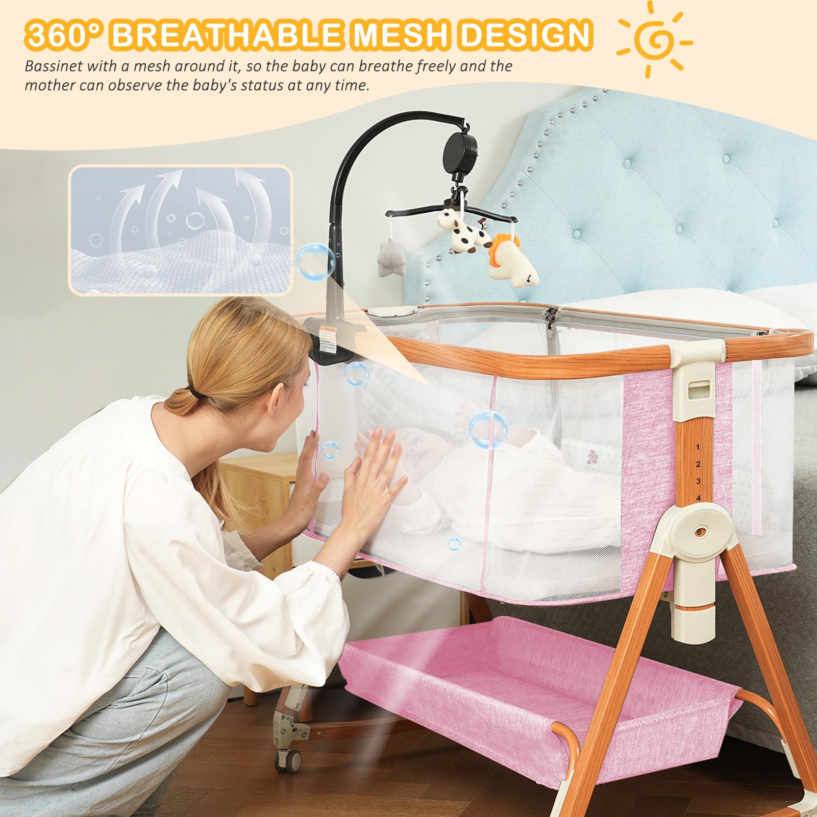 3-in-1 Adjustable Baby Bassinet Bedside Sleeper with Musical Toy & Storage Basket - Portable Crib with 4-Sided Mesh & Wheels for Newborns 0-6 Months (Pink) - Perfect for Nursery, Bedroom & Travel Use