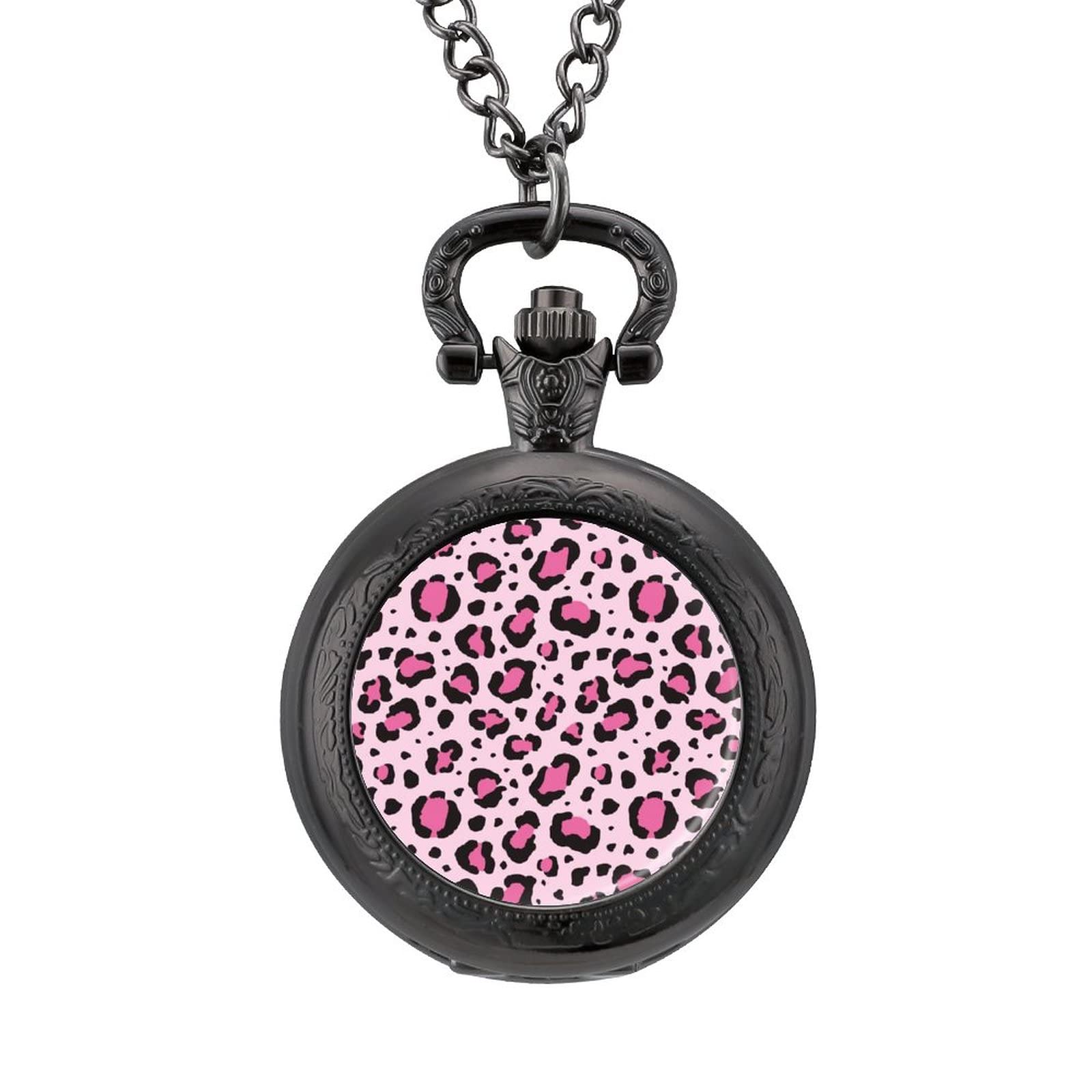 Stylish Pink Leopard Print Pocket Watch Necklace with Chain - Vintage Fashion Pendant for Men & Women - Perfect for Costume Parties, Steampunk Outfits and Unique Gift Giving