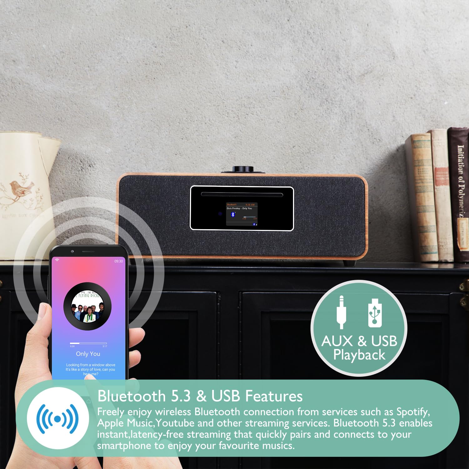 MS5P WiFi Internet Radio with CD Player - Bluetooth Speaker, FM Digital Radio, Spotify Connect, USB Player & Charging, Dual Alarm Clock, OKTIV APP Control - Home Stereo System for Living Room, Bedroom, Office (Walnut Finish)