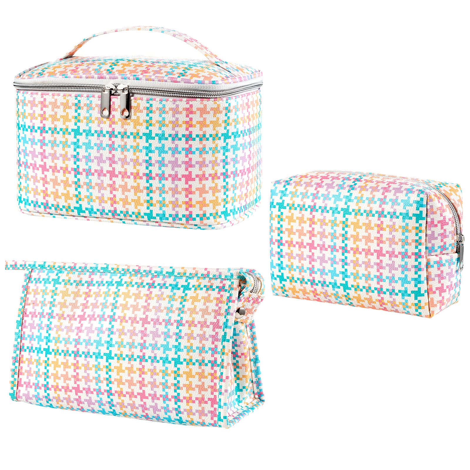 HooOriana 3-Piece Pink Tetris Makeup Bag Set for Women - Travel & Toiletry Organizer