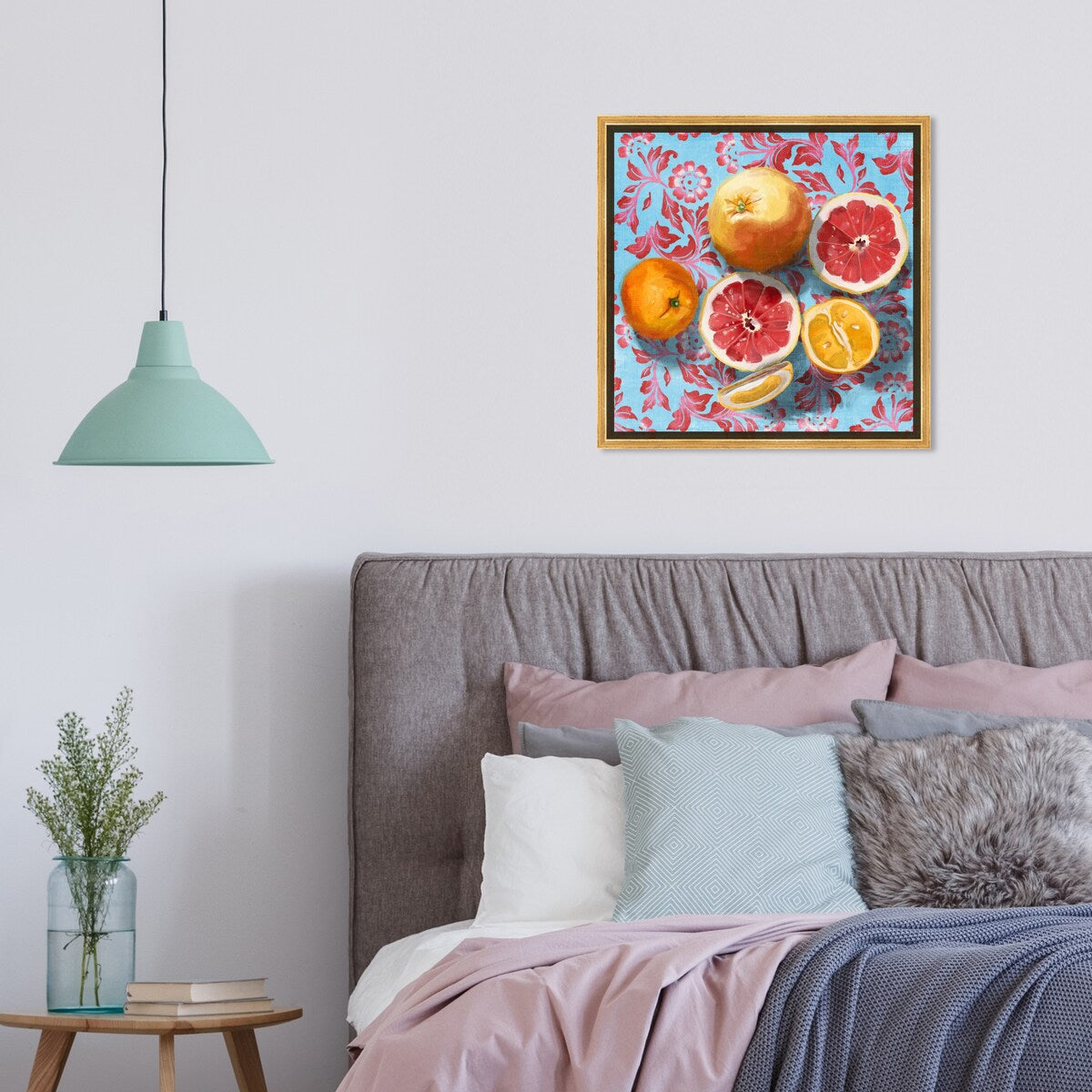 Tropical Citrus Still Life Blue Framed Canvas Wall Art Print - Sour Fruit Kitchen Decor for Cabin & Lodge - Perfect for Farmhouse, Dining Room & Country Style Homes