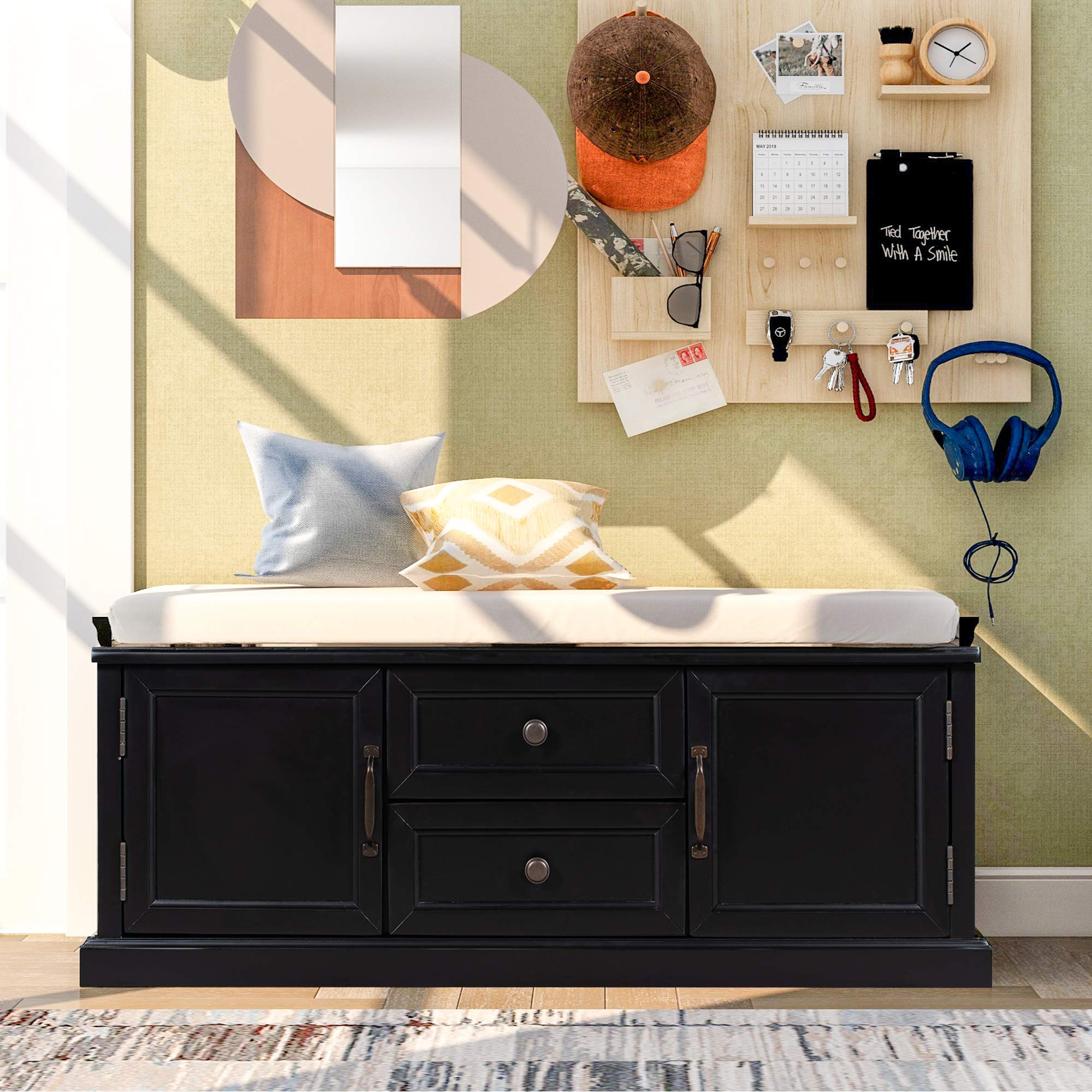 Solid Wood Entryway Bench with Storage - 2 Drawers & 2 Cabinets, Removable Cushion - No Assembly Required - Perfect for Hallway, Living Room, Bedroom - Black (Set of 2) - Ideal for Small Space Organization & Entryway Seating