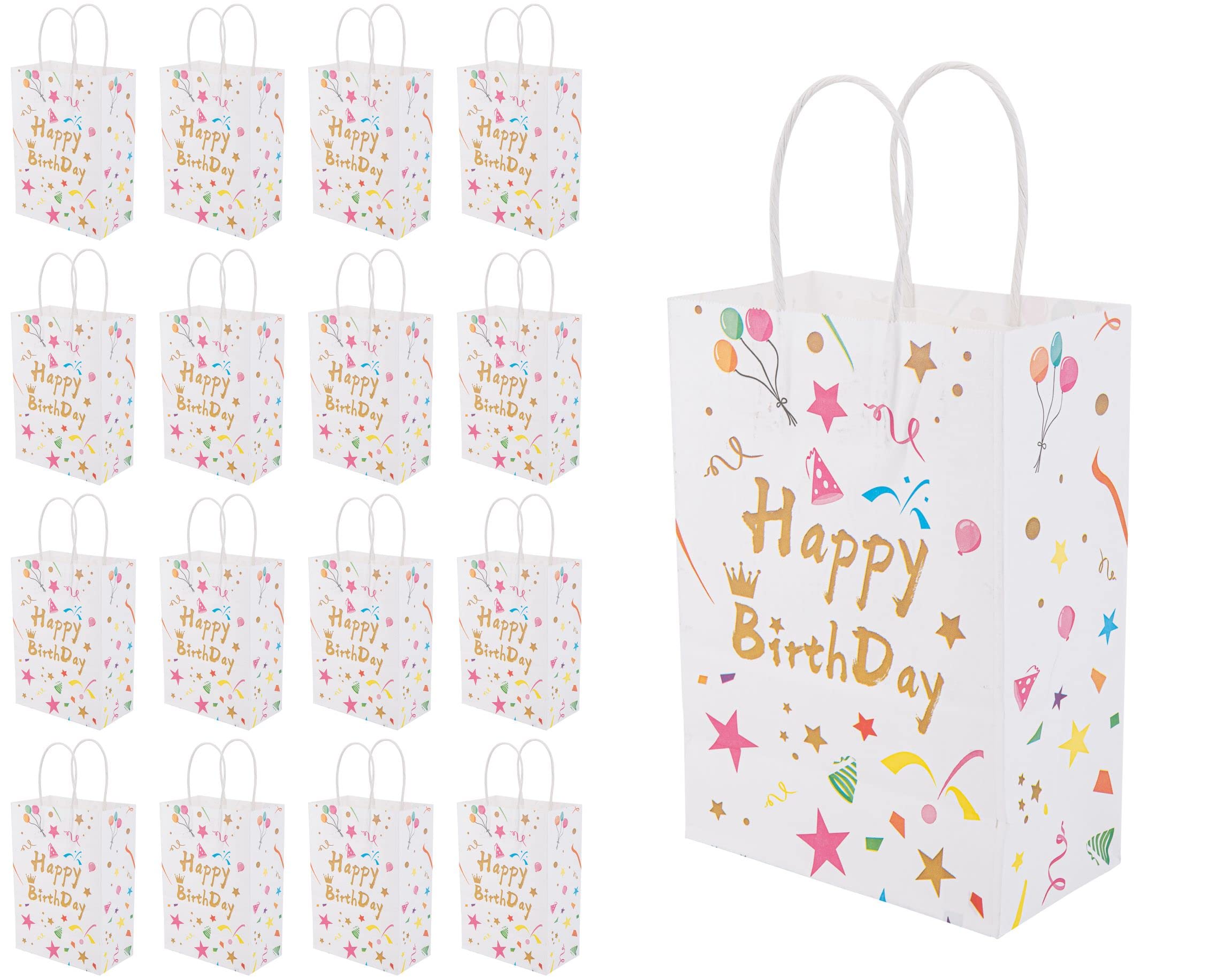 16pcs Kraft Paper Goody Bags with Handles for Birthday Party Favors - Stars & Balloons Design for Boys & Girls - Perfect for Kids' Birthday Celebrations, School Events, and Party Gift Bags (White)