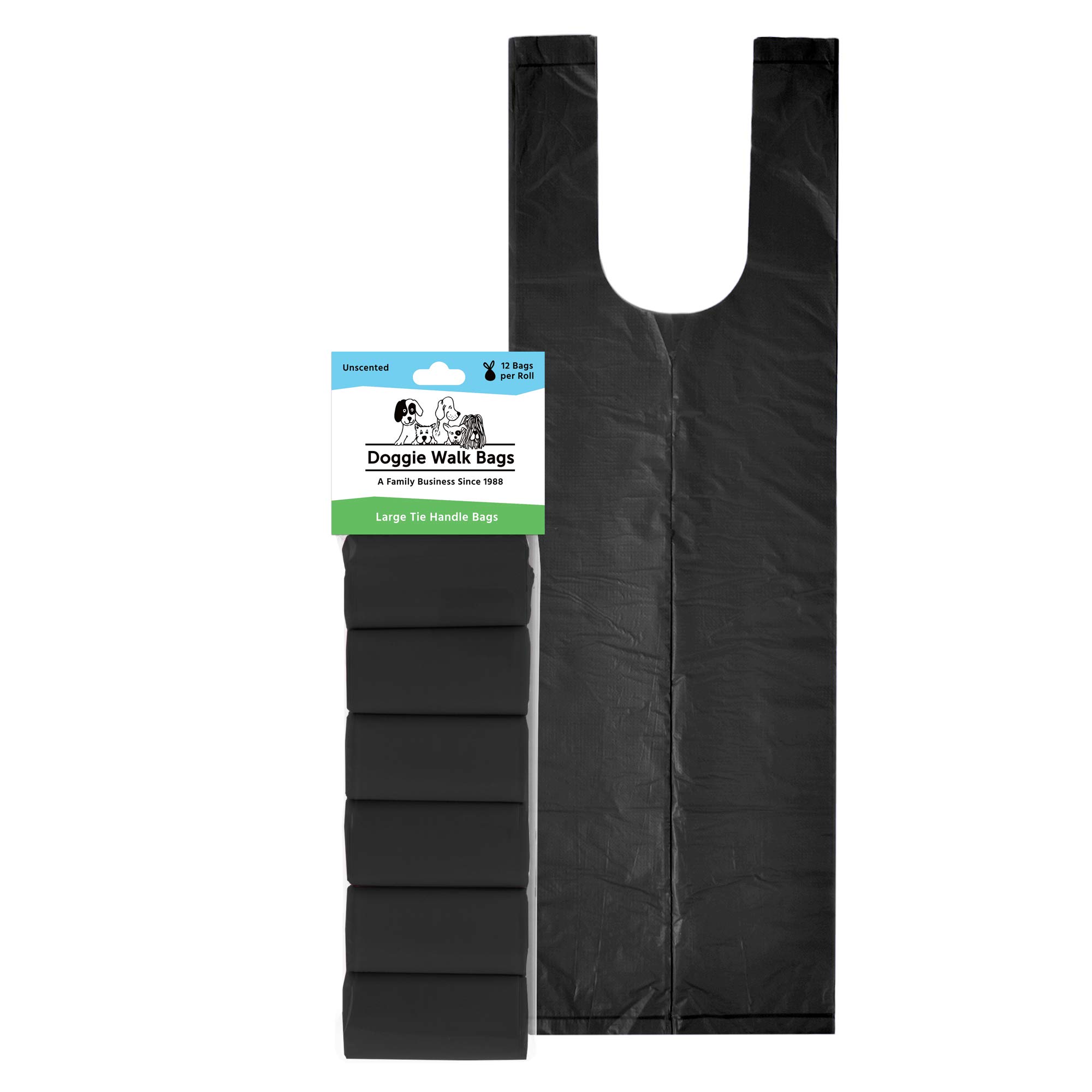 Large Dog Poop Bags on Roll - 72 Count Strong Leak-Proof Waste Bags with Easy Tie Handles | Unscented Black Dog Waste Bags for Daily Walks, Park Cleanup & Pet Hygiene