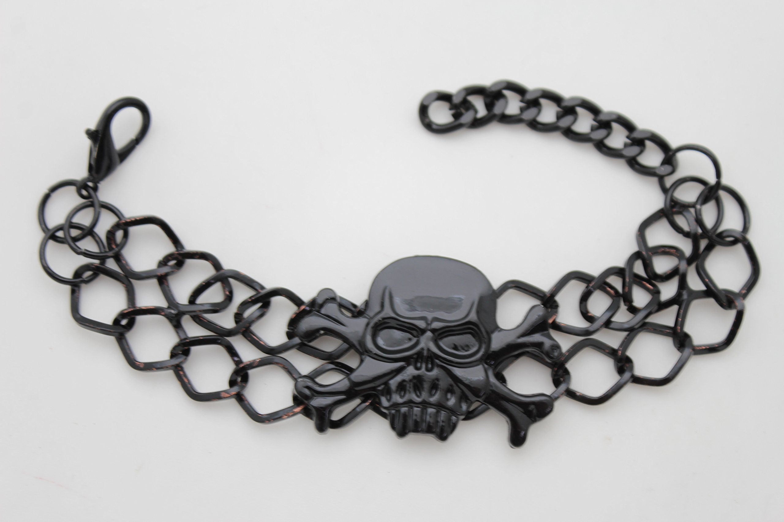 TFJ Women's Black Metal Chain Bracelet with Skeleton Skull & Pirate Bones Charms - Gothic Fashion Jewelry for Casual Wear, Halloween & Punk Outfits