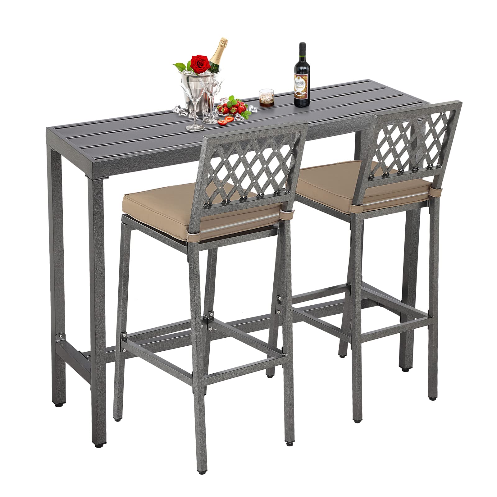3-Piece Metal Outdoor Bar Set with Table & X-Back Stools - Patio Bistro Furniture for Backyard, Porch, Balcony - Includes Cushions (Gray, 47