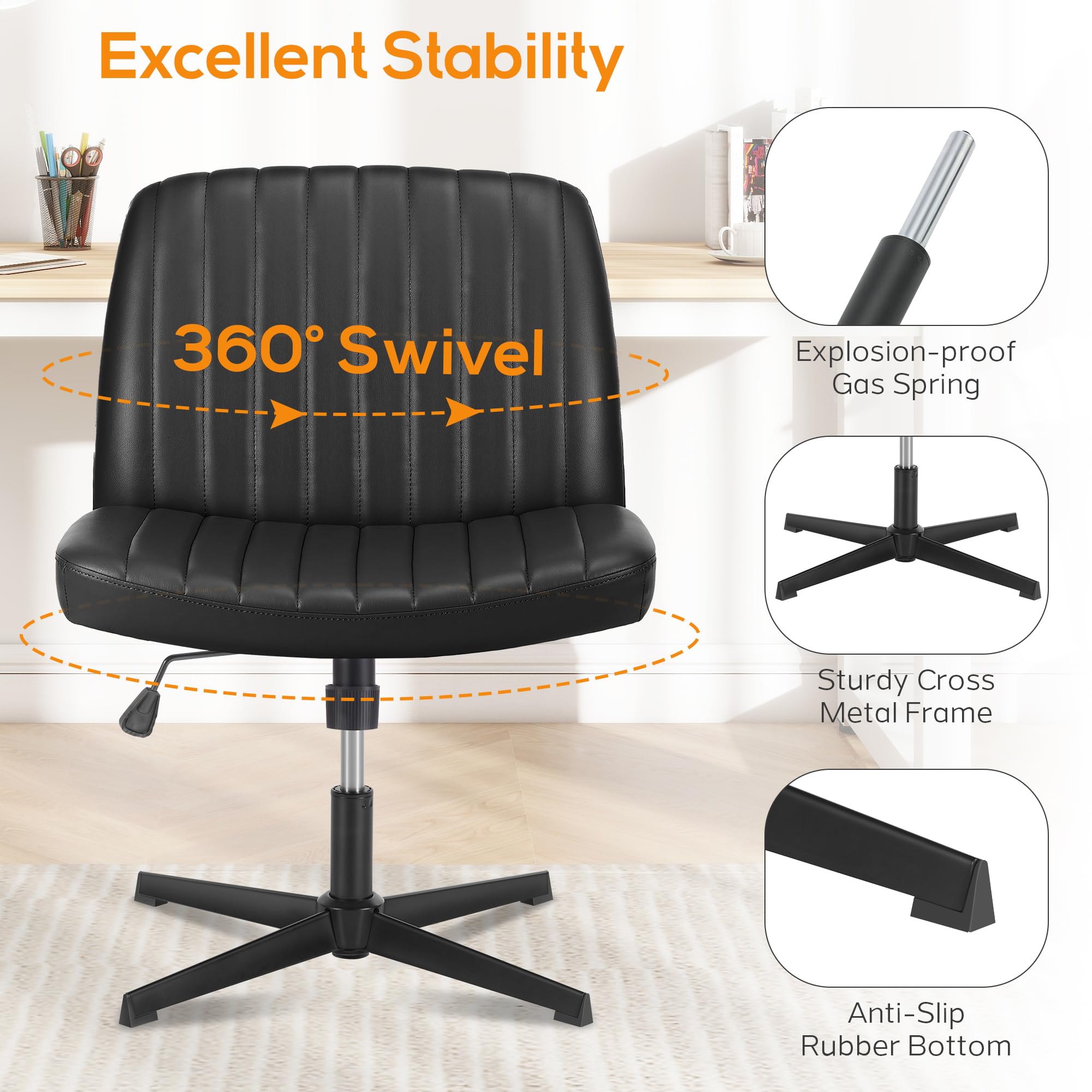 DUMOS Criss Cross Chair Legged Office Chair - Wide Comfy Desk Seat Without Wheels, Armless Computer Task Chair, Swivel Vanity Chair with Height Adjustable - Perfect for Home Office, Gaming & Study