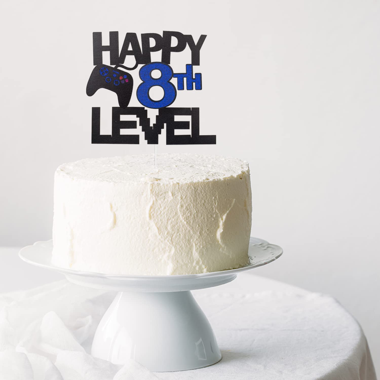 Blue Glitter Happy 8th Birthday Video Game Cake Topper - Gamer Level 8 Unlocked Party Decoration for Boys & Girls - Perfect for Birthday Cakes, Cupcakes, and Gaming Themed Parties