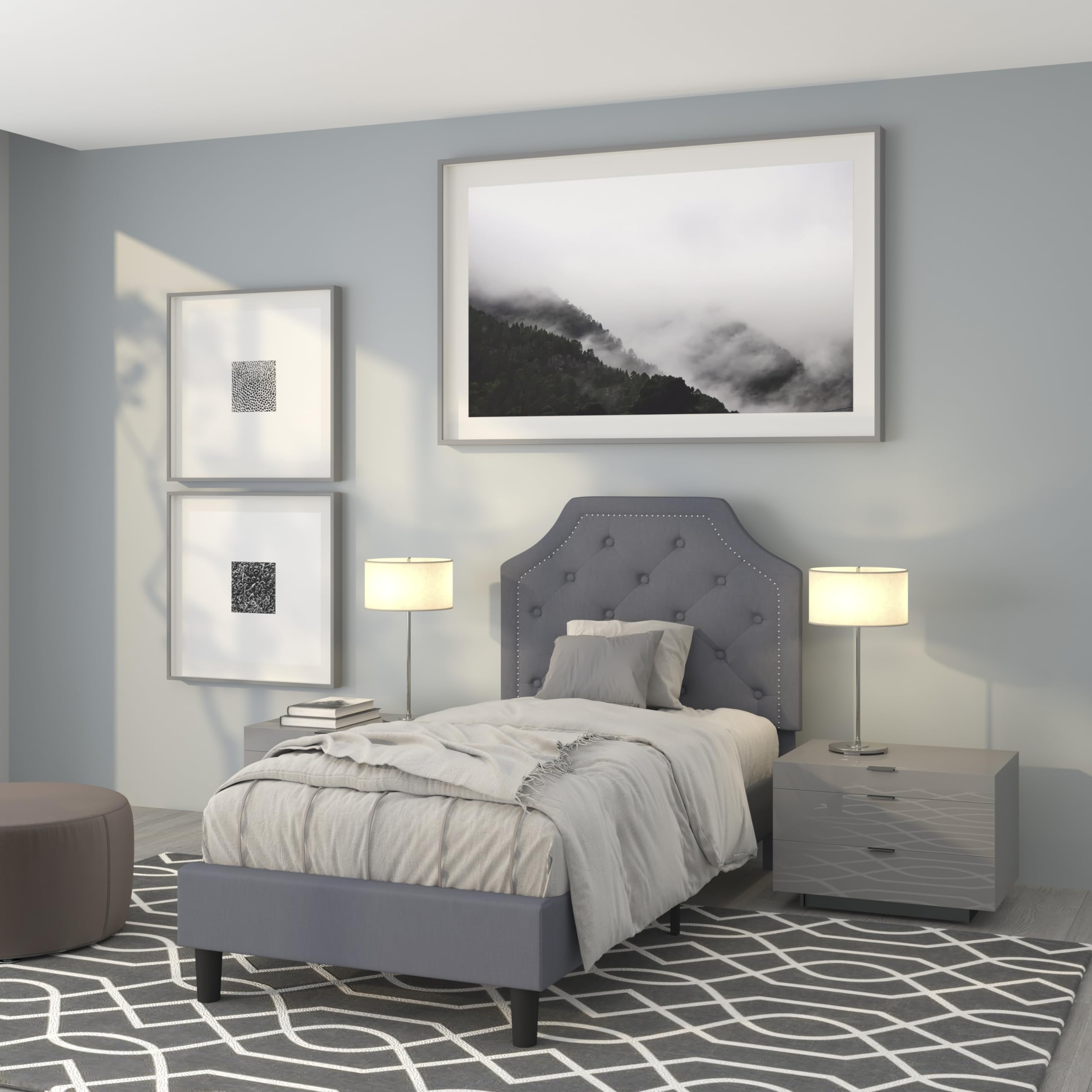 Twin Size Arched Tufted Platform Bed Frame with Light Gray Fabric Upholstery - Perfect for Small Bedrooms, Guest Rooms & Dorm Rooms