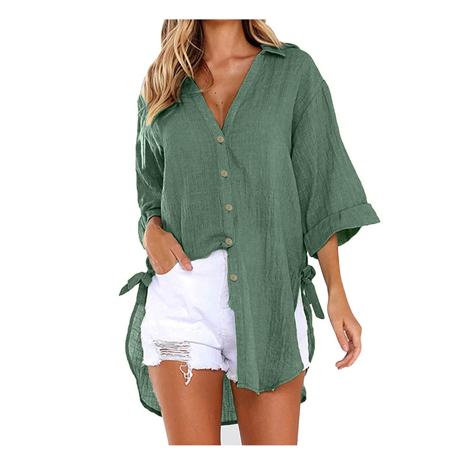 Plus Size Women's Boyfriend Button Down Shirts - Loose Fit 3/4 Sleeve Cotton Linen Blouse Tunic Top for Casual Wear, Office & Date Night
