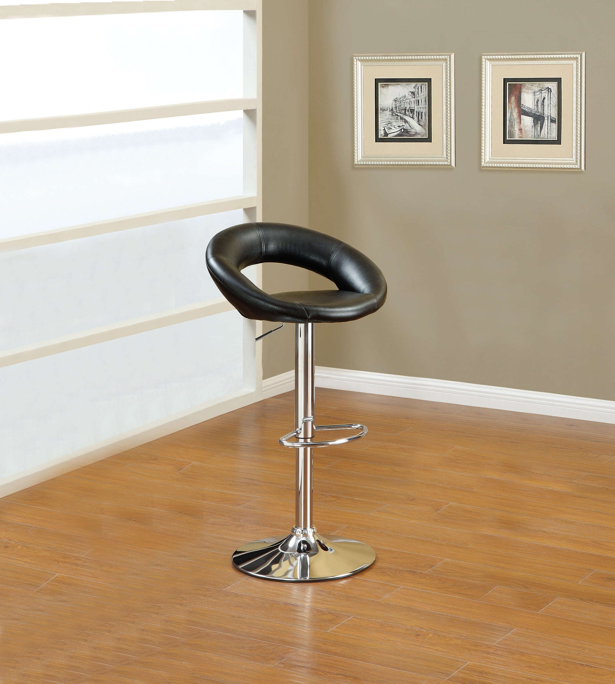 Black Faux Leather Adjustable Height Swivel Stool Set of 2 - Chrome Base PVC Dining Chairs for Kitchen Island, Bar Counter & Home Office
