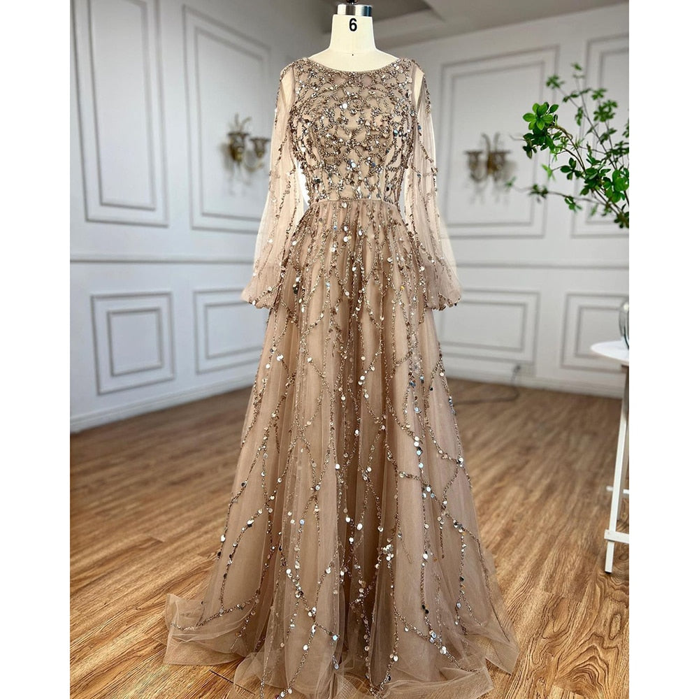 Elegant Muslim Green A-Line Evening Dress with Beaded Details & Puff Sleeves - Formal Gown for Women's Party, Wedding, Prom & Special Occasions - LA71049A
