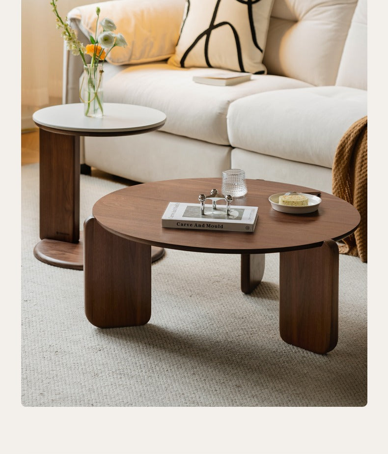 Solid Black Walnut Wood Round Slate Coffee Table - Rustic Modern Living Room Furniture for Home Decor & Tea Time Relaxation