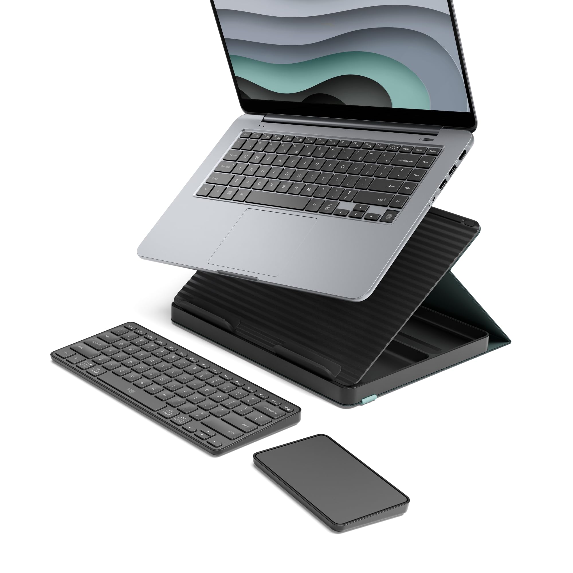 Logitech Casa Pop Up Desk Kit with Laptop Stand, Wireless Keyboard & Touchpad - Bluetooth, USB C Charging for 10” to 17” Laptops/MacBooks (Windows, macOS, ChromeOS) - Classic Chic Green/Black | Perfect for Home Office, Remote Work & Small Workspaces