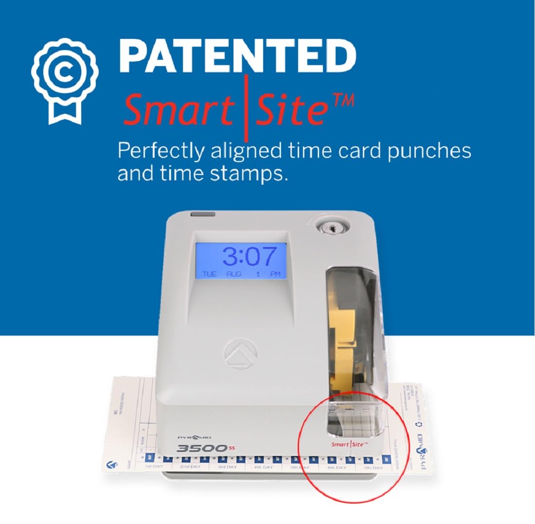 Pyramid Time Systems 3500SS Employment Time Clock & Document Stamp with Smart Site Alignment - Punch Time Clock Kit Includes 25 Time Cards, 1 Ribbon & 2 Security Keys - Perfect for Small Business Employee Time Tracking & Payroll Documentation
