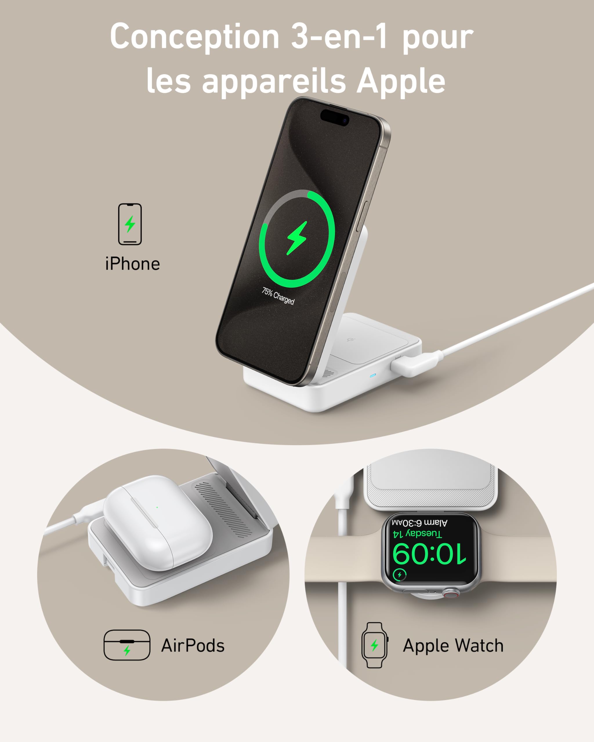 Anker MagGo 3-in-1 Wireless Charging Station with Qi2 & MagSafe Certification - 15W Fast Charging Dock for iPhone 15/14/13, Apple Watch & AirPods (Includes 40W USB-C Adapter) | Perfect for Home, Office & Travel Charging