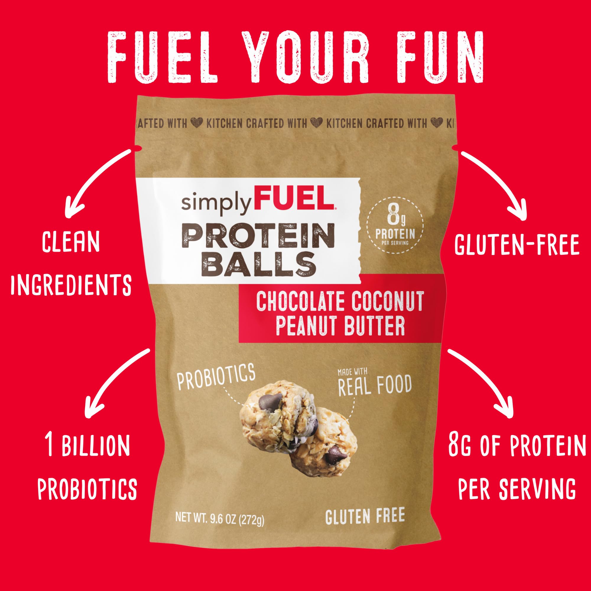 SimplyFUEL Whole Food Protein Balls with Probiotics - Chocolate Coconut Peanut Butter Energy Snacks - 8g Plant-Based Protein, Gluten Free, Vegan, Non-GMO (12 Balls) - Perfect for Post-Workout Recovery, Healthy On-the-Go Snacking & Travel Nutrition