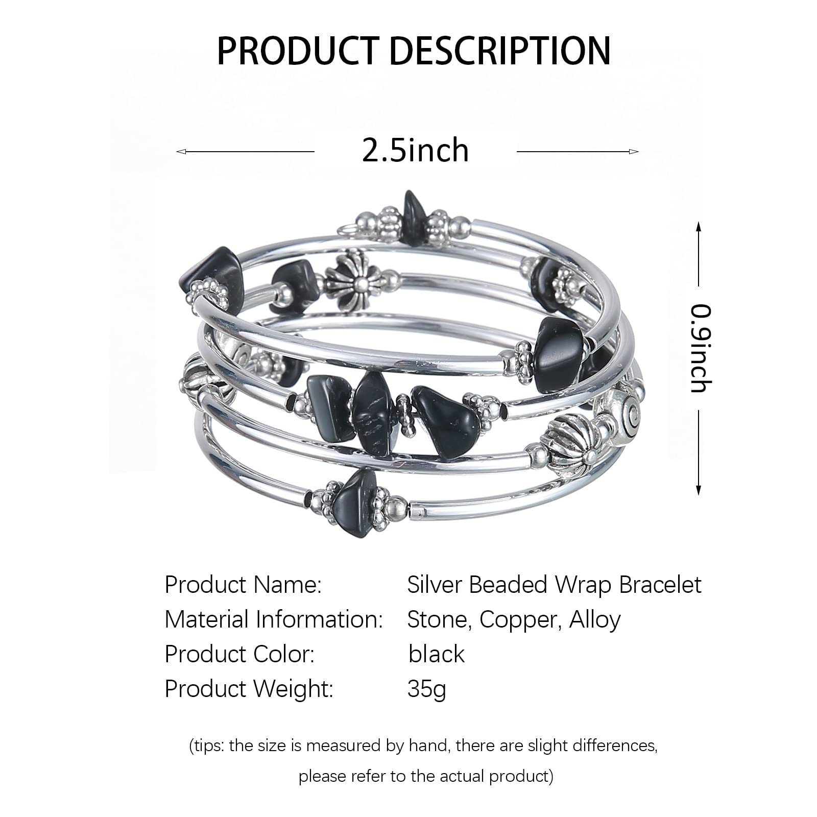 Noessla Beaded Bangle Bracelets for Women - Thick Silver Wrap Bracelet with Stone Beads, Fashion Jewelry for Birthday Gifts | Perfect for Parties, Weddings & Everyday Wear