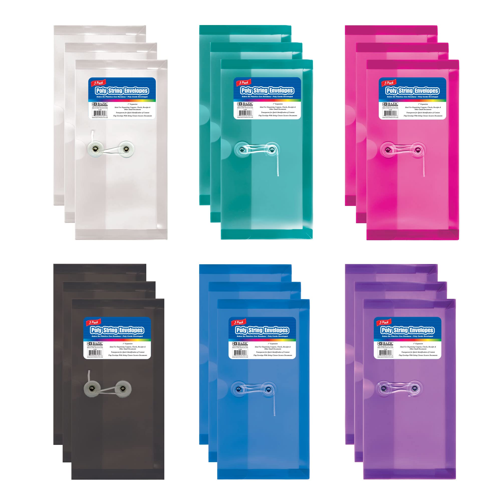 BAZIC Plastic Envelope Poly Envelopes - Coupon Size Check File Folders for Bills & Receipts with String Closure - Home & Office Supplies (3/Pack, 144-Packs) - Perfect for Organizing Documents, Coupons, and Financial Records