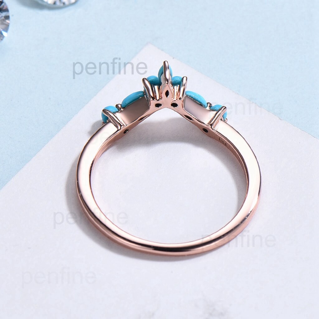 Vintage Turquoise Wedding Band for Women - 14K Gold Curved Stackable Ring, Elegant Bridal Jewelry for Engagement, Anniversary & Everyday Wear