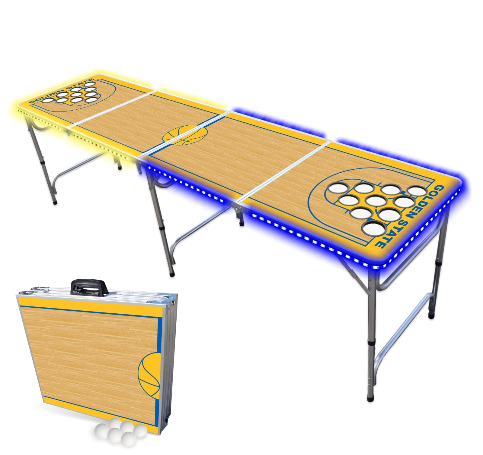 8-Foot Folding Portable Beer Pong Table with Removable Cup Holders & LED Lights - Golden State Basketball Court Design - Perfect for Parties, Tailgates & Backyard Games (Multiple Models Available)