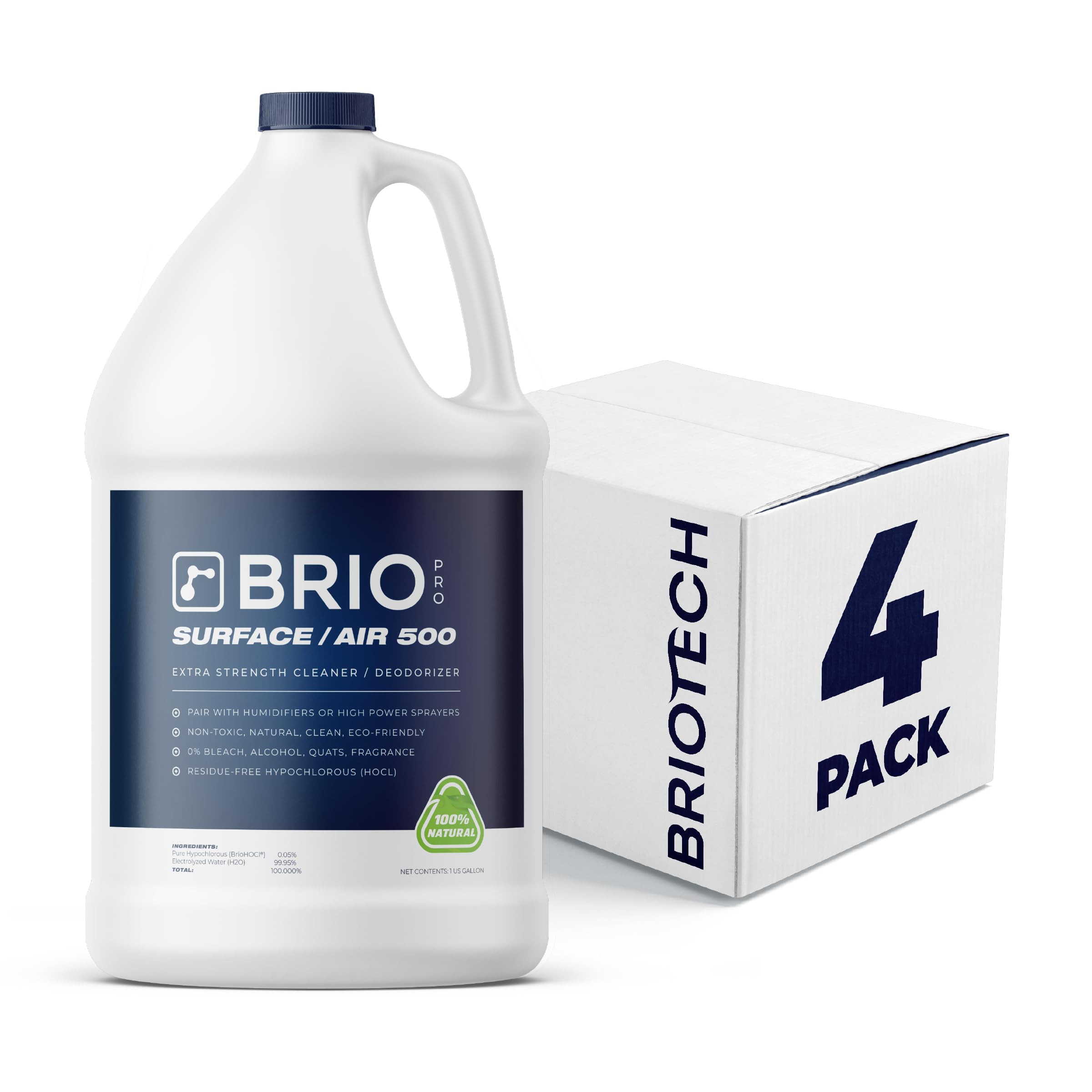 BRIOTECH Surface/Air 500 - Pure Hypochlorous Acid 500 PPM Disinfectant for ULV Foggers, Sprayers & Humidifiers | Professional Cleaning & Deodorizing Solution for Dental Clinics, Offices, Schools & Homes | Peroxide-Free | 1 Gallon Refill (Pack of 4) | Ideal for Sanitizing High-Touch Surfaces & Air Purification