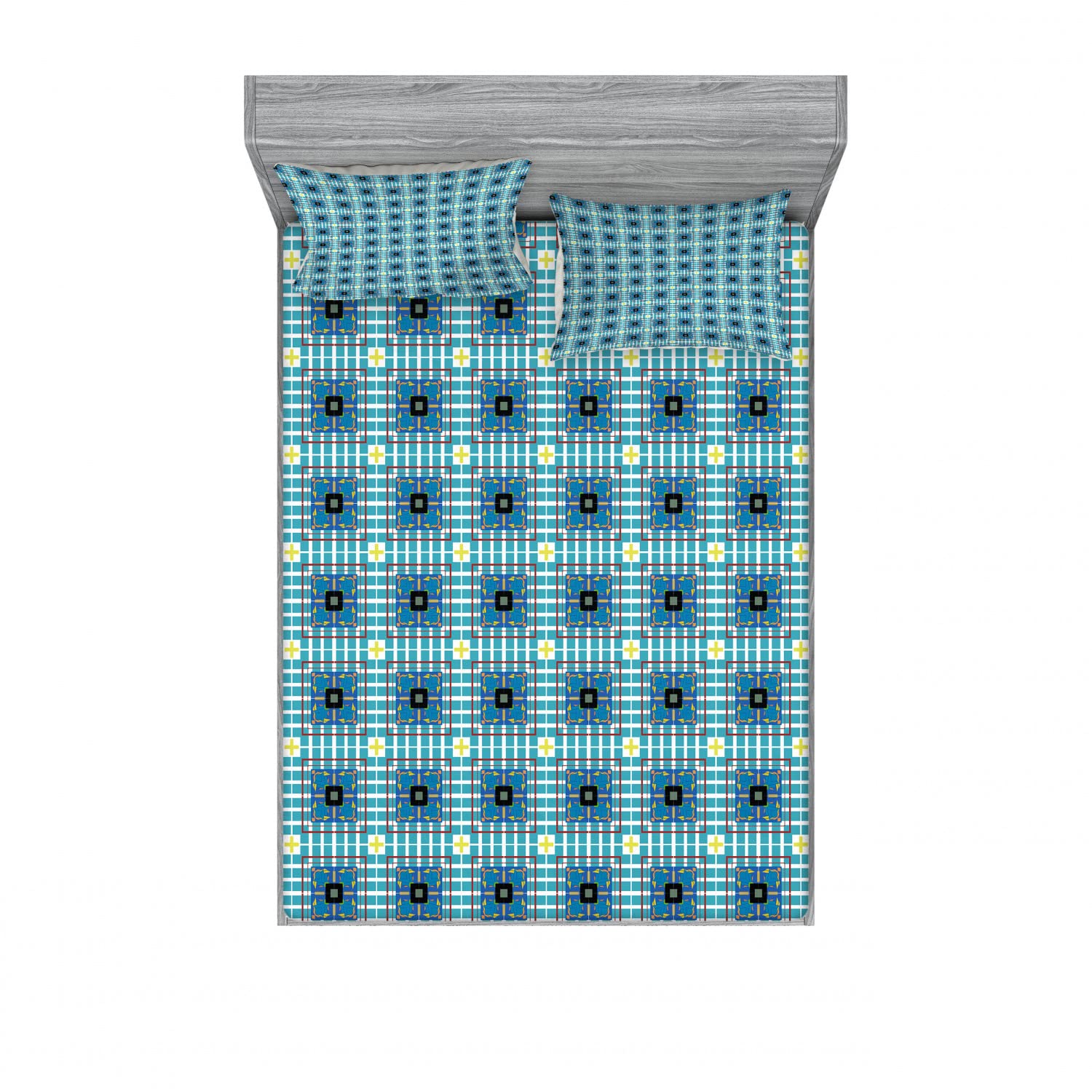 Ambesonne Geometric 2-Pack Fitted Sheet & Pillow Sham Set - Retro Ornamental Square Pattern - 4-Piece Queen Size Bedding Set (2 Fitted Sheets + 4 Pillow Covers) in Turquoise Multicolor - Perfect for Guest Rooms, Vacation Homes & Boho Chic Bedroom Decor