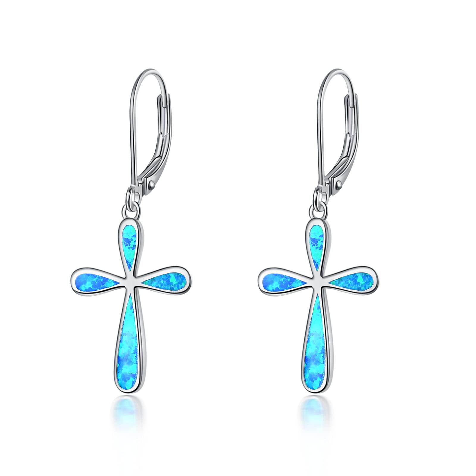 YAFEINI Sterling Silver Opal Cross Dangle Earrings for Women - Leverback Hypoallergenic Jewelry for Church, Wedding & Everyday Wear